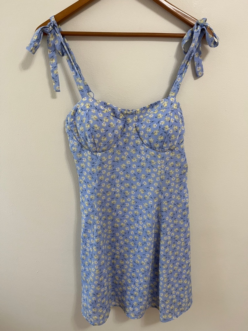 Lily Rose Blue Mini Dress with White Floral Print Babydoll Milkmaid Lined Large - Picture 2 of 13